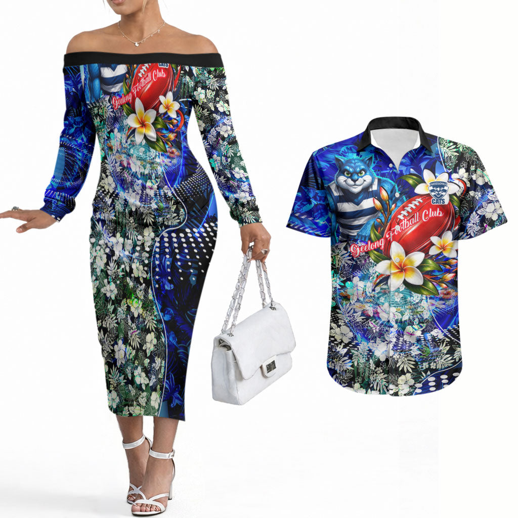 Personalized Geelong Football Cats Couples Matching Off The Shoulder Long Sleeve Dress and Hawaiian Shirt Tropical Hibiscus Flowers - Pacific Fusion Style