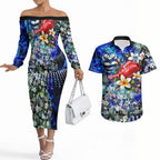 Personalized Geelong Football Cats Couples Matching Off The Shoulder Long Sleeve Dress and Hawaiian Shirt Tropical Hibiscus Flowers - Pacific Fusion Style