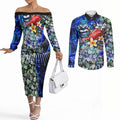 Personalized Geelong Football Cats Couples Matching Off The Shoulder Long Sleeve Dress and Long Sleeve Button Shirt Tropical Hibiscus Flowers - Pacific Fusion Style