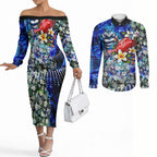 Personalized Geelong Football Cats Couples Matching Off The Shoulder Long Sleeve Dress and Long Sleeve Button Shirt Tropical Hibiscus Flowers - Pacific Fusion Style