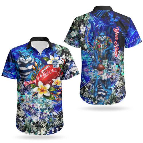 Personalized Geelong Football Cats Couples Matching Puletasi and Hawaiian Shirt Tropical Hibiscus Flowers - Pacific Fusion Style