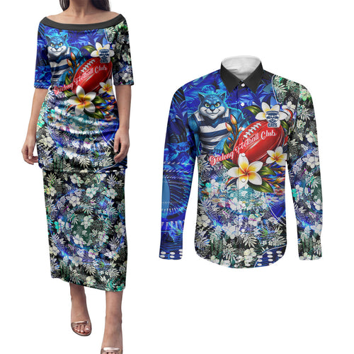 Personalized Geelong Football Cats Couples Matching Puletasi and Long Sleeve Button Shirt Tropical Hibiscus Flowers - Pacific Fusion Style