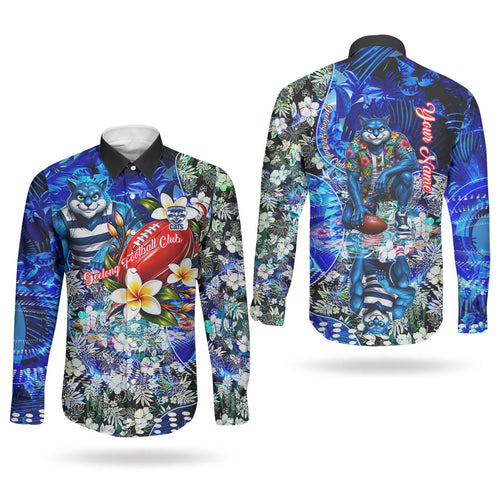 Personalized Geelong Football Cats Couples Matching Puletasi and Long Sleeve Button Shirt Tropical Hibiscus Flowers - Pacific Fusion Style
