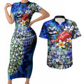 Personalized Geelong Football Cats Couples Matching Short Sleeve Bodycon Dress and Hawaiian Shirt Tropical Hibiscus Flowers - Pacific Fusion Style