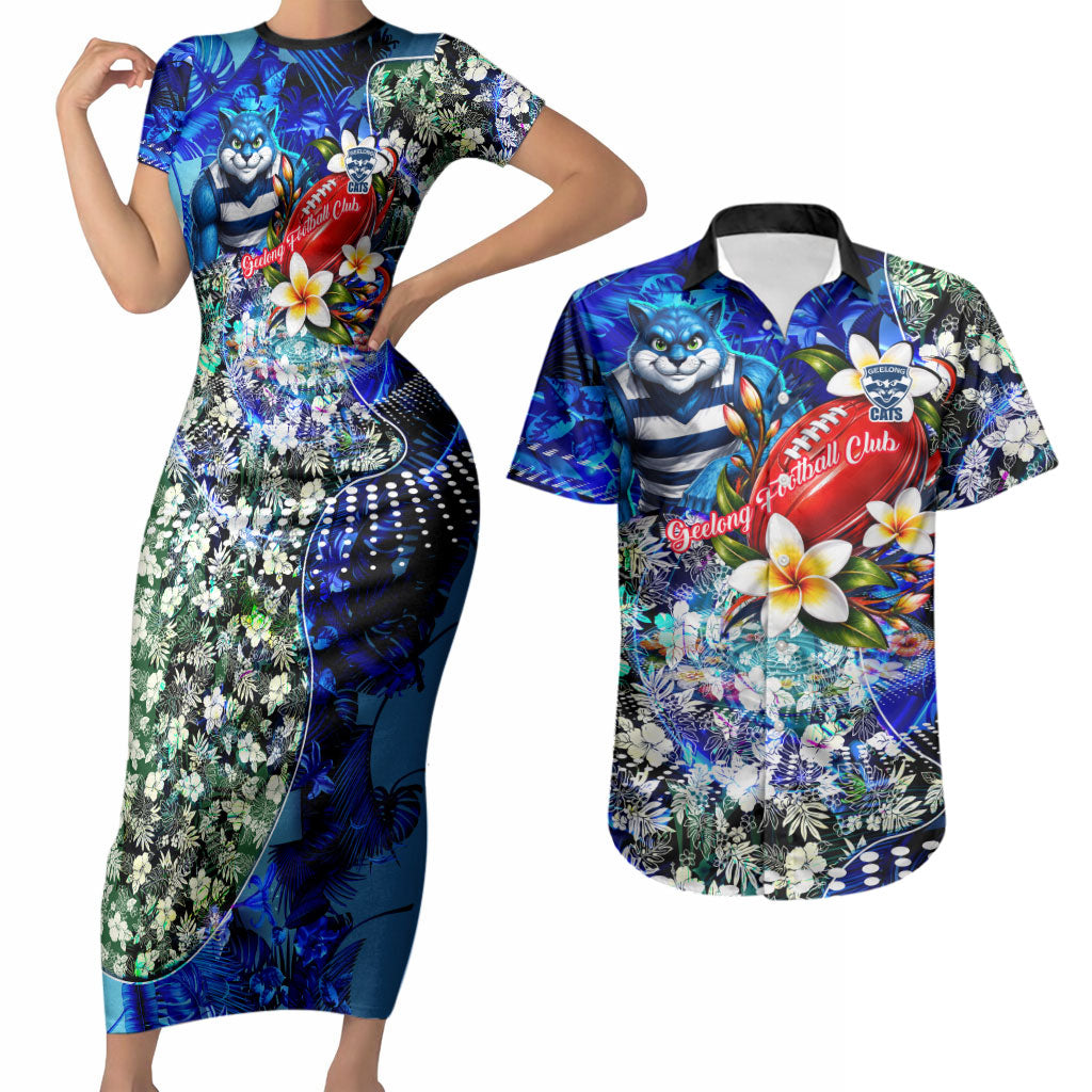 Personalized Geelong Football Cats Couples Matching Short Sleeve Bodycon Dress and Hawaiian Shirt Tropical Hibiscus Flowers - Pacific Fusion Style