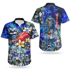 Personalized Geelong Football Cats Couples Matching Short Sleeve Bodycon Dress and Hawaiian Shirt Tropical Hibiscus Flowers - Pacific Fusion Style