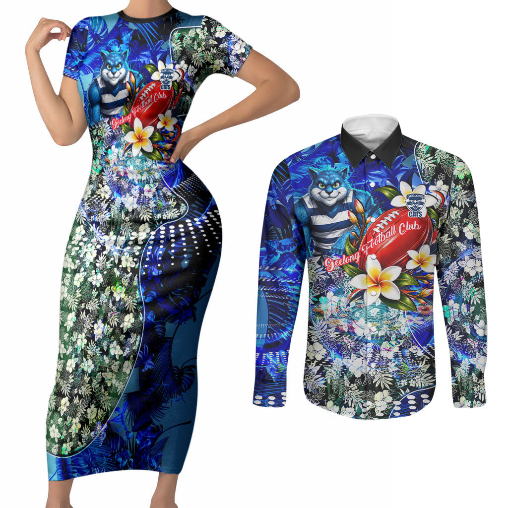 Personalized Geelong Football Cats Couples Matching Short Sleeve Bodycon Dress and Long Sleeve Button Shirt Tropical Hibiscus Flowers - Pacific Fusion Style