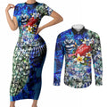 Personalized Geelong Football Cats Couples Matching Short Sleeve Bodycon Dress and Long Sleeve Button Shirt Tropical Hibiscus Flowers - Pacific Fusion Style