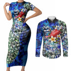 Personalized Geelong Football Cats Couples Matching Short Sleeve Bodycon Dress and Long Sleeve Button Shirt Tropical Hibiscus Flowers - Pacific Fusion Style