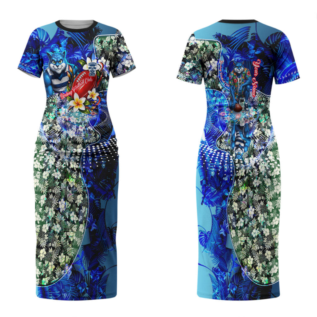 Personalized Geelong Football Cats Couples Matching Short Sleeve Bodycon Dress and Long Sleeve Button Shirt Tropical Hibiscus Flowers - Pacific Fusion Style