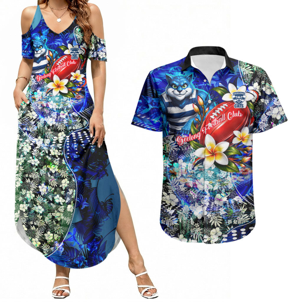 Personalized Geelong Football Cats Couples Matching Summer Maxi Dress and Hawaiian Shirt Tropical Hibiscus Flowers - Pacific Fusion Style