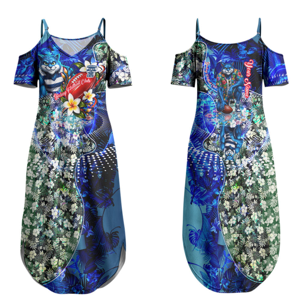 Personalized Geelong Football Cats Couples Matching Summer Maxi Dress and Hawaiian Shirt Tropical Hibiscus Flowers - Pacific Fusion Style
