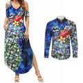 Personalized Geelong Football Cats Couples Matching Summer Maxi Dress and Long Sleeve Button Shirt Tropical Hibiscus Flowers - Pacific Fusion Style