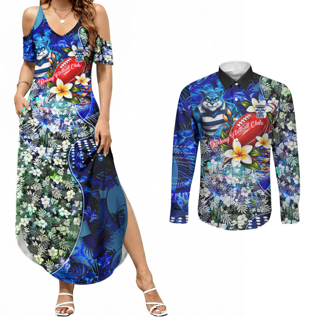 Personalized Geelong Football Cats Couples Matching Summer Maxi Dress and Long Sleeve Button Shirt Tropical Hibiscus Flowers - Pacific Fusion Style