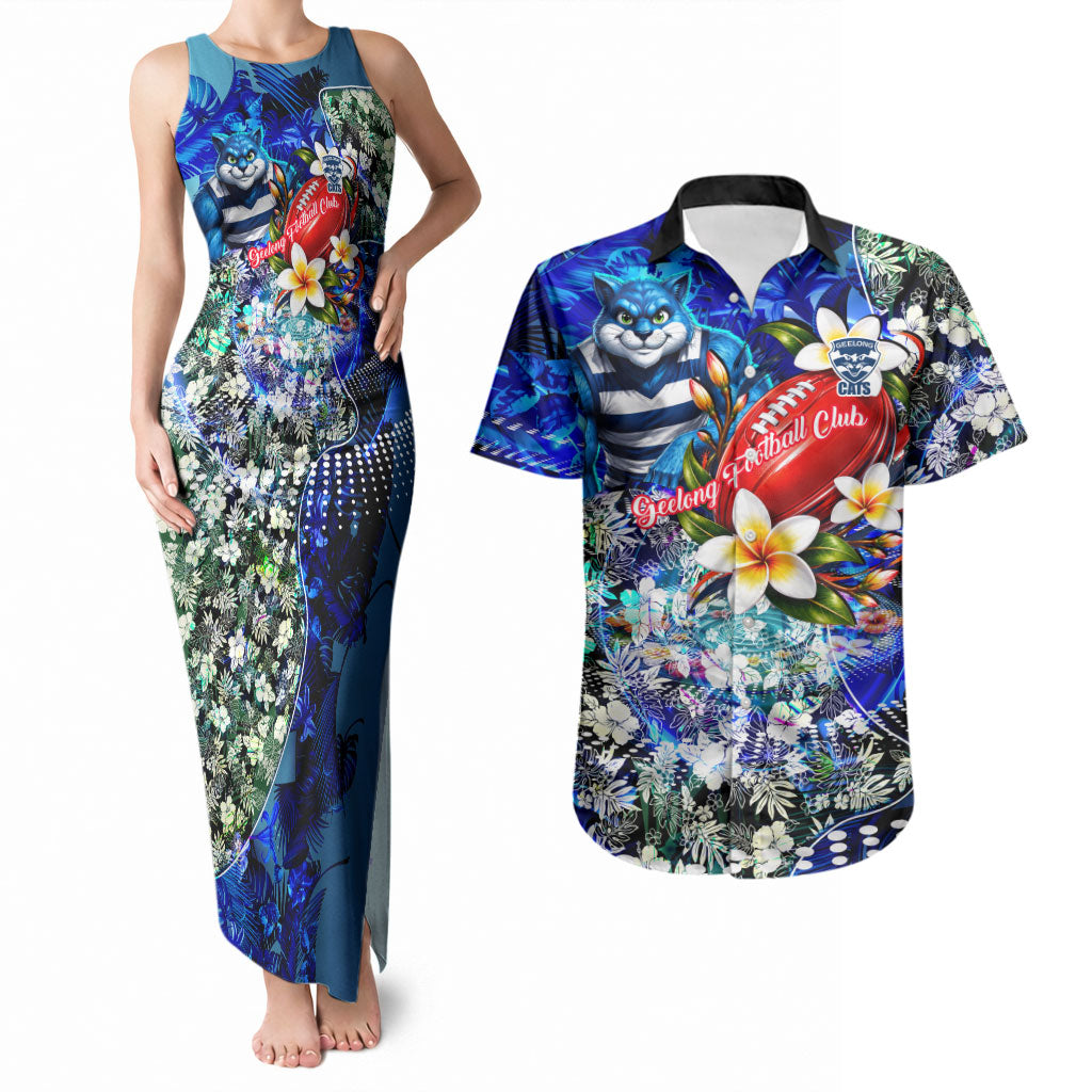 Personalized Geelong Football Cats Couples Matching Tank Maxi Dress and Hawaiian Shirt Tropical Hibiscus Flowers - Pacific Fusion Style