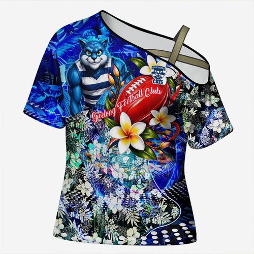 Personalized Geelong Football Cats Cross Shoulder Shirt Tropical Hibiscus Flowers - Pacific Fusion Style