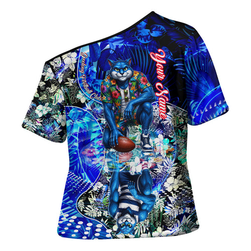 Personalized Geelong Football Cats Cross Shoulder Shirt Tropical Hibiscus Flowers - Pacific Fusion Style