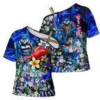 Personalized Geelong Football Cats Cross Shoulder Shirt Tropical Hibiscus Flowers - Pacific Fusion Style
