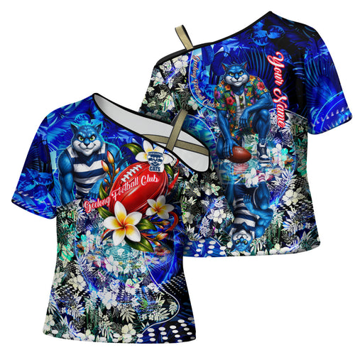 Personalized Geelong Football Cats Cross Shoulder Shirt Tropical Hibiscus Flowers - Pacific Fusion Style