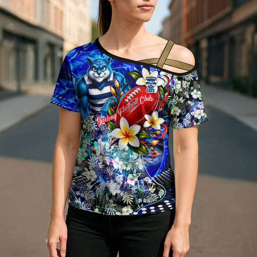 Personalized Geelong Football Cats Cross Shoulder Shirt Tropical Hibiscus Flowers - Pacific Fusion Style
