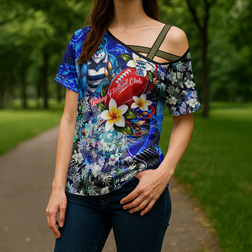 Personalized Geelong Football Cats Cross Shoulder Shirt Tropical Hibiscus Flowers - Pacific Fusion Style
