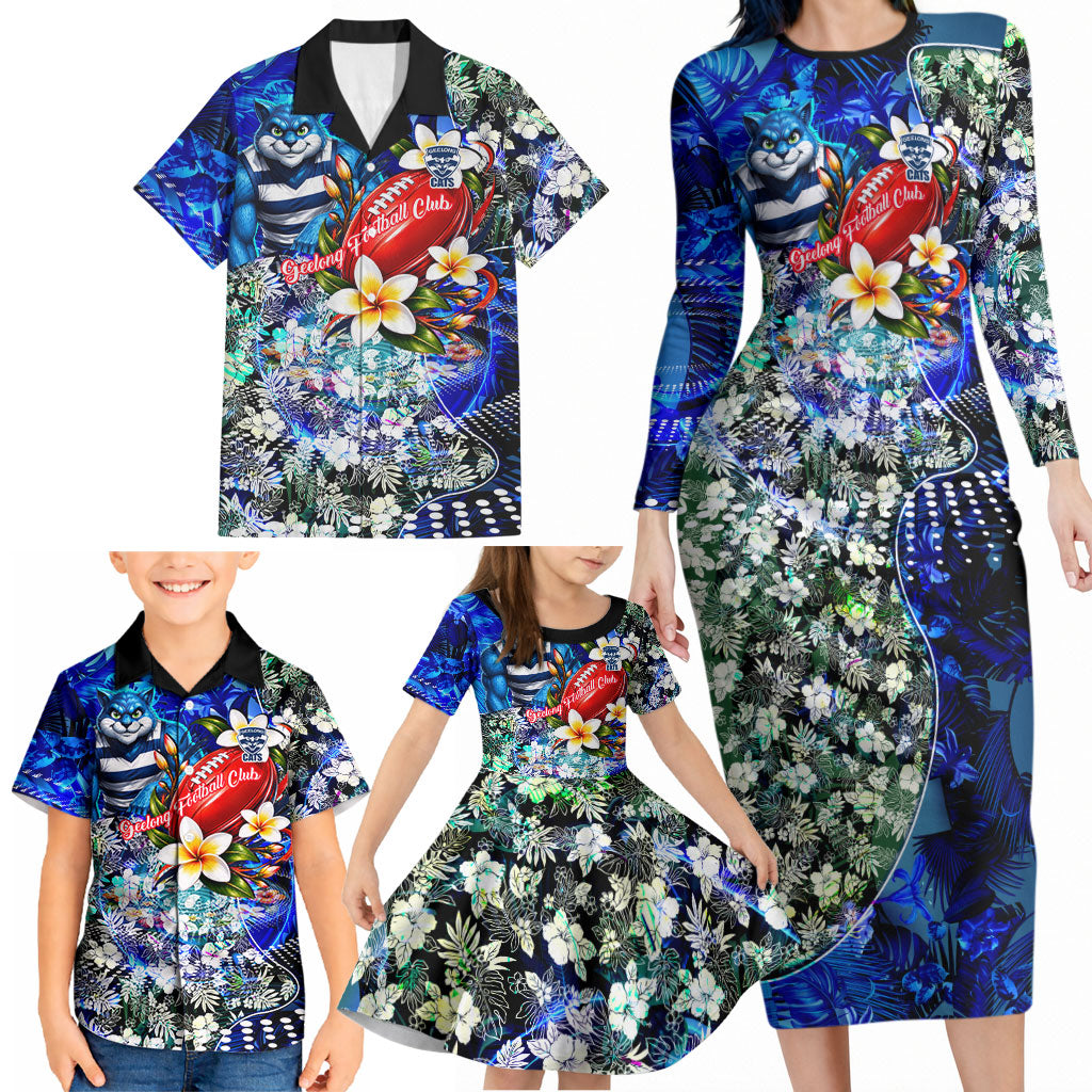 Personalized Geelong Football Cats Family Matching Long Sleeve Bodycon Dress and Hawaiian Shirt Tropical Hibiscus Flowers - Pacific Fusion Style
