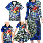 Personalized Geelong Football Cats Family Matching Long Sleeve Bodycon Dress and Hawaiian Shirt Tropical Hibiscus Flowers - Pacific Fusion Style