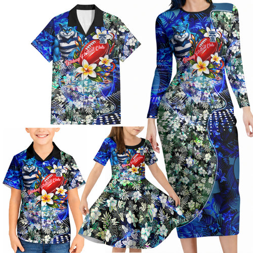Personalized Geelong Football Cats Family Matching Long Sleeve Bodycon Dress and Hawaiian Shirt Tropical Hibiscus Flowers - Pacific Fusion Style