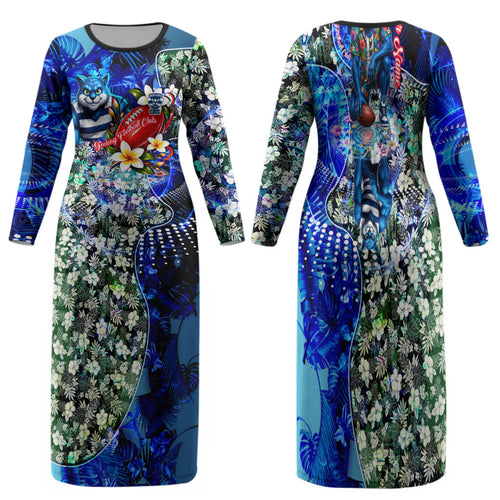 Personalized Geelong Football Cats Family Matching Long Sleeve Bodycon Dress and Hawaiian Shirt Tropical Hibiscus Flowers - Pacific Fusion Style