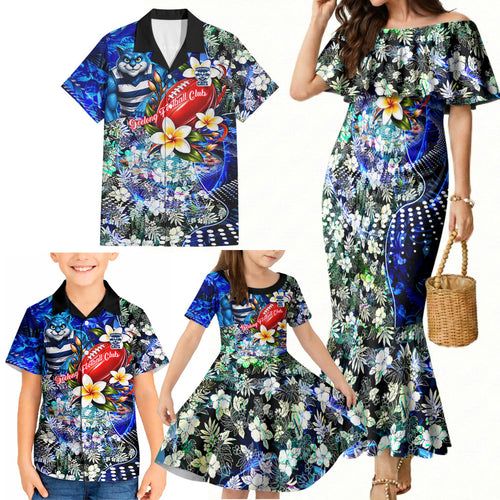 Personalized Geelong Football Cats Family Matching Mermaid Dress and Hawaiian Shirt Tropical Hibiscus Flowers - Pacific Fusion Style