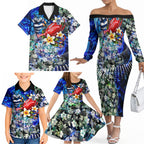 Personalized Geelong Football Cats Family Matching Off The Shoulder Long Sleeve Dress and Hawaiian Shirt Tropical Hibiscus Flowers - Pacific Fusion Style
