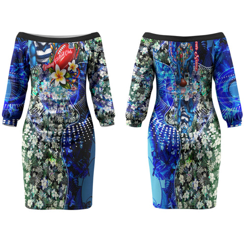 Personalized Geelong Football Cats Family Matching Off The Shoulder Long Sleeve Dress and Hawaiian Shirt Tropical Hibiscus Flowers - Pacific Fusion Style
