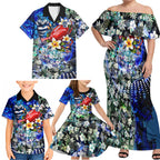 Personalized Geelong Football Cats Family Matching Off Shoulder Maxi Dress and Hawaiian Shirt Tropical Hibiscus Flowers - Pacific Fusion Style