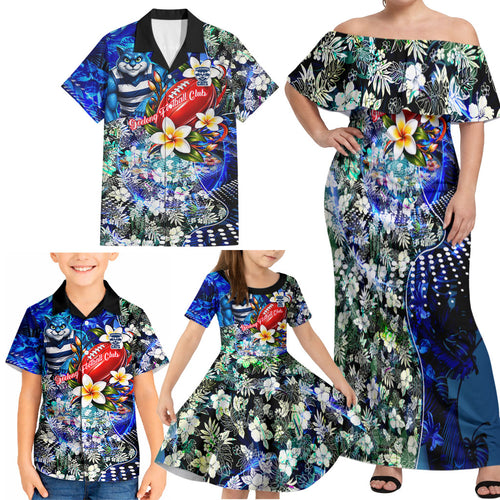 Personalized Geelong Football Cats Family Matching Off Shoulder Maxi Dress and Hawaiian Shirt Tropical Hibiscus Flowers - Pacific Fusion Style