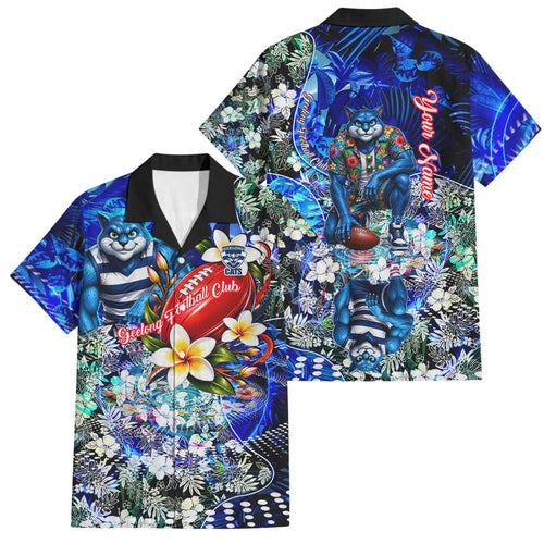 Personalized Geelong Football Cats Family Matching Off Shoulder Maxi Dress and Hawaiian Shirt Tropical Hibiscus Flowers - Pacific Fusion Style