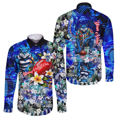 Personalized Geelong Football Cats Family Matching Off Shoulder Maxi Dress and Hawaiian Shirt Tropical Hibiscus Flowers - Pacific Fusion Style
