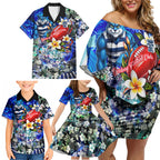 Personalized Geelong Football Cats Family Matching Off Shoulder Short Dress and Hawaiian Shirt Tropical Hibiscus Flowers - Pacific Fusion Style