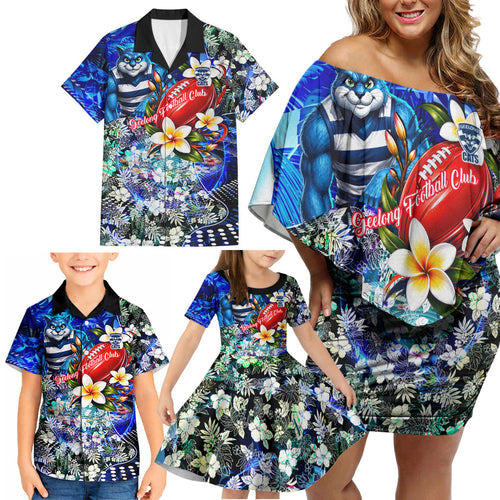 Personalized Geelong Football Cats Family Matching Off Shoulder Short Dress and Hawaiian Shirt Tropical Hibiscus Flowers - Pacific Fusion Style