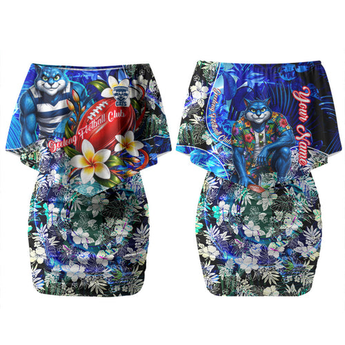 Personalized Geelong Football Cats Family Matching Off Shoulder Short Dress and Hawaiian Shirt Tropical Hibiscus Flowers - Pacific Fusion Style