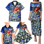 Personalized Geelong Football Cats Family Matching Puletasi and Hawaiian Shirt Tropical Hibiscus Flowers - Pacific Fusion Style