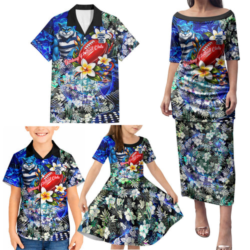 Personalized Geelong Football Cats Family Matching Puletasi and Hawaiian Shirt Tropical Hibiscus Flowers - Pacific Fusion Style