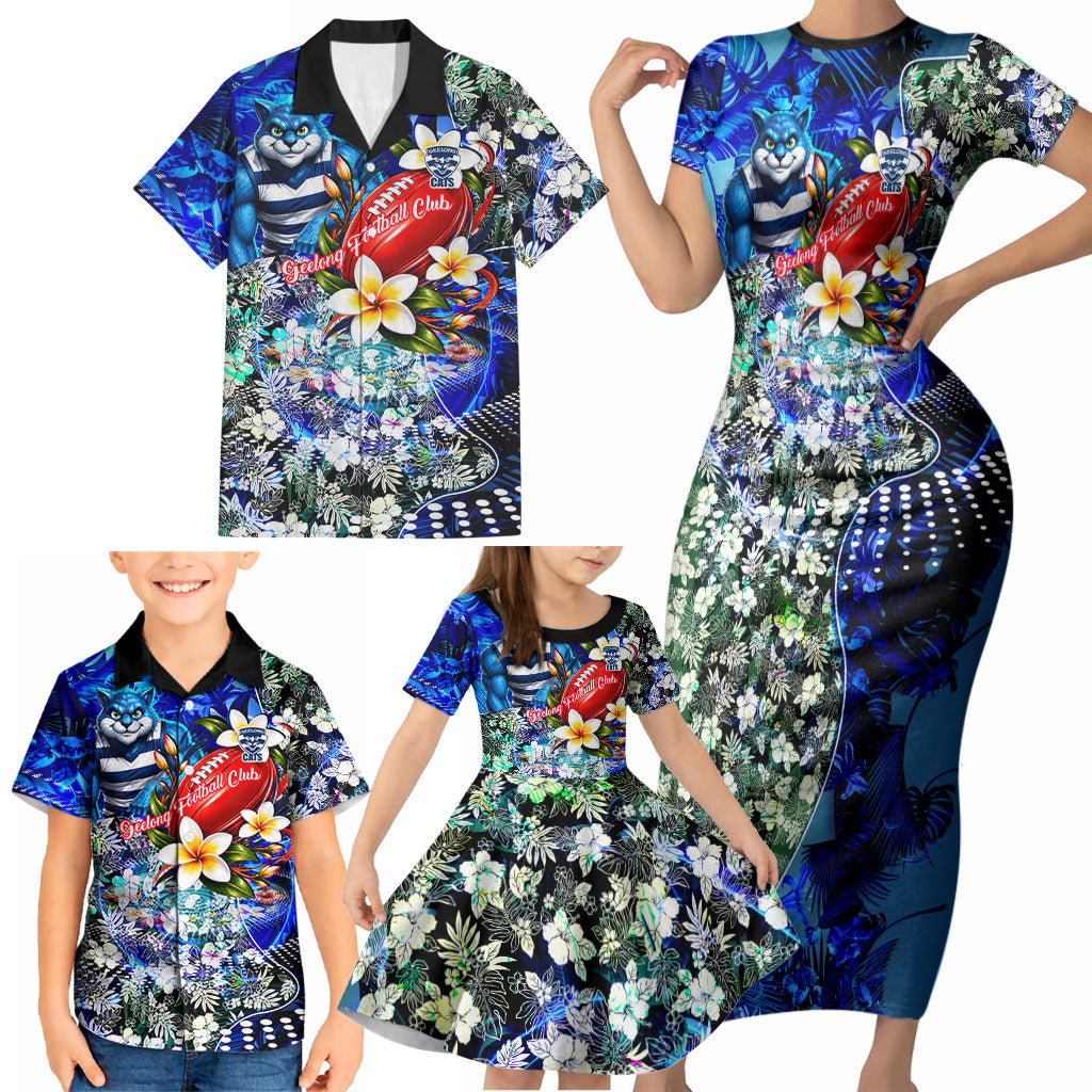 Personalized Geelong Football Cats Family Matching Short Sleeve Bodycon Dress and Hawaiian Shirt Tropical Hibiscus Flowers - Pacific Fusion Style