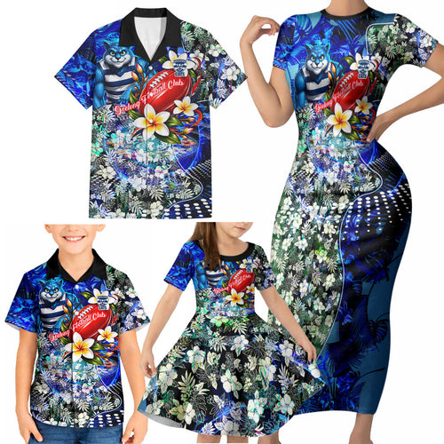 Personalized Geelong Football Cats Family Matching Short Sleeve Bodycon Dress and Hawaiian Shirt Tropical Hibiscus Flowers - Pacific Fusion Style