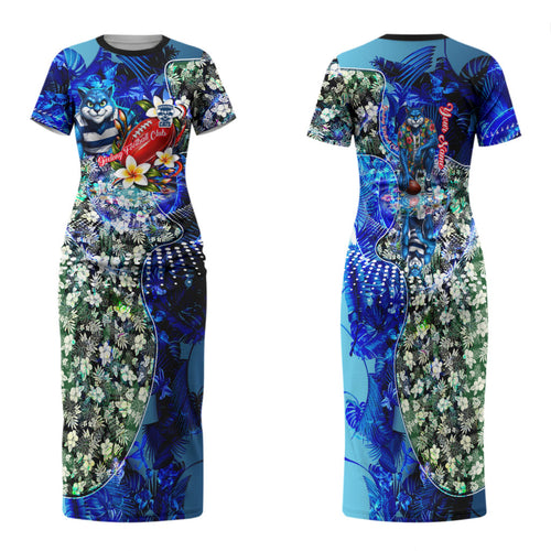 Personalized Geelong Football Cats Family Matching Short Sleeve Bodycon Dress and Hawaiian Shirt Tropical Hibiscus Flowers - Pacific Fusion Style
