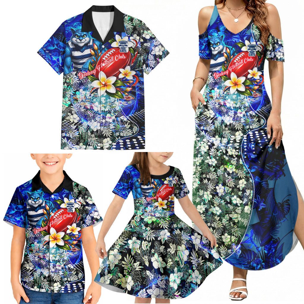 Personalized Geelong Football Cats Family Matching Summer Maxi Dress and Hawaiian Shirt Tropical Hibiscus Flowers - Pacific Fusion Style