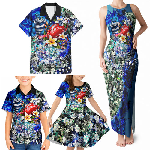 Personalized Geelong Football Cats Family Matching Tank Maxi Dress and Hawaiian Shirt Tropical Hibiscus Flowers - Pacific Fusion Style