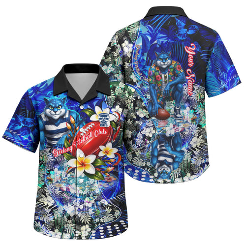 Personalized Geelong Football Cats Family Matching Tank Maxi Dress and Hawaiian Shirt Tropical Hibiscus Flowers - Pacific Fusion Style