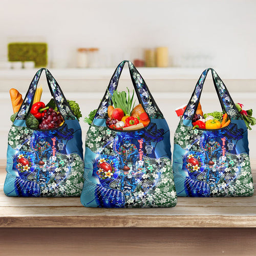Personalized Geelong Football Cats Grocery Bag Tropical Hibiscus Flowers - Pacific Fusion Style