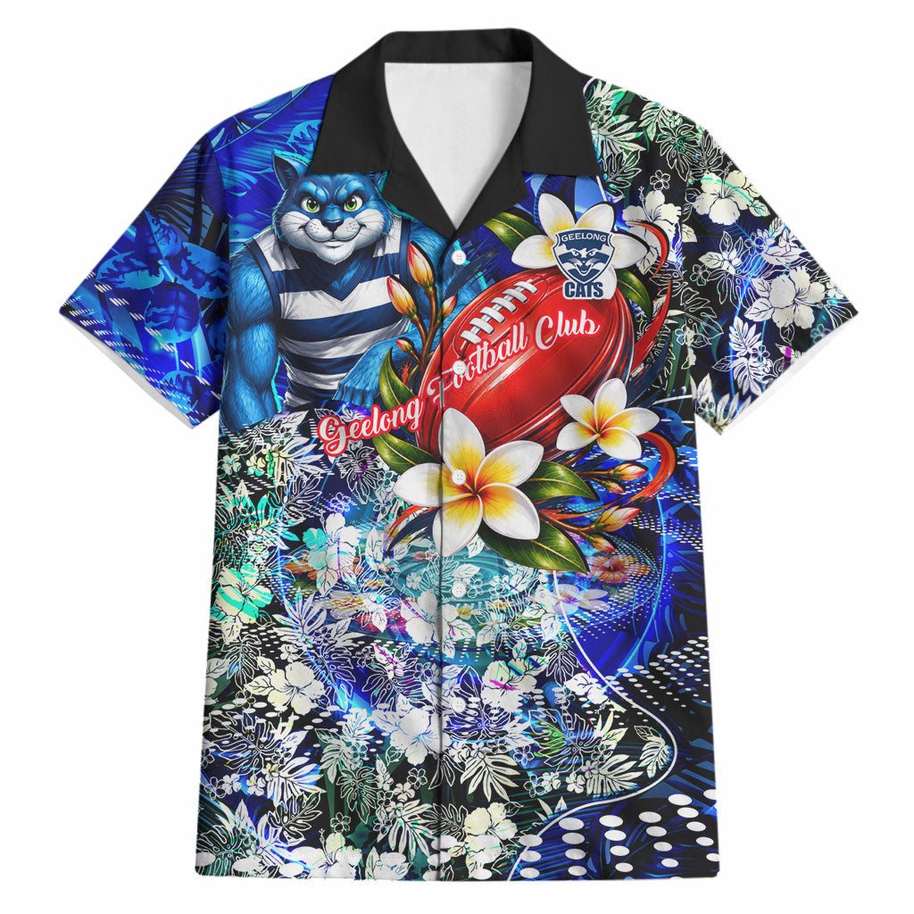 Personalized Geelong Football Cats Hawaiian Shirt Tropical Hibiscus Flowers - Pacific Fusion Style