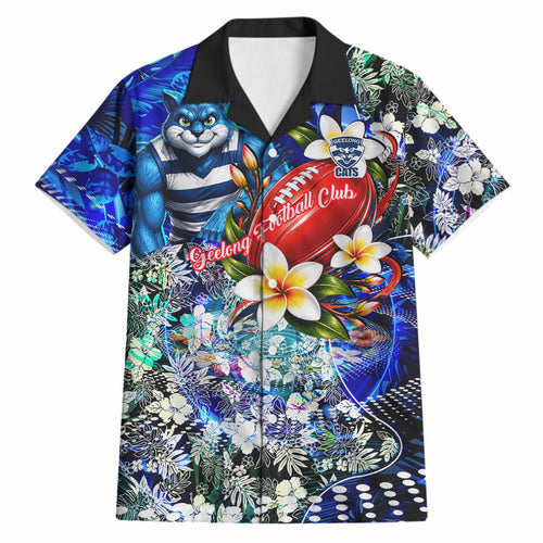 Personalized Geelong Football Cats Hawaiian Shirt Tropical Hibiscus Flowers - Pacific Fusion Style